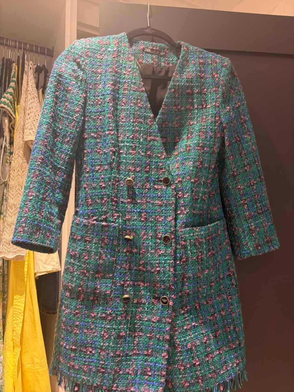 Zara Teal, Blue & Pink Tweed Double-Breasted Blazer Dress
